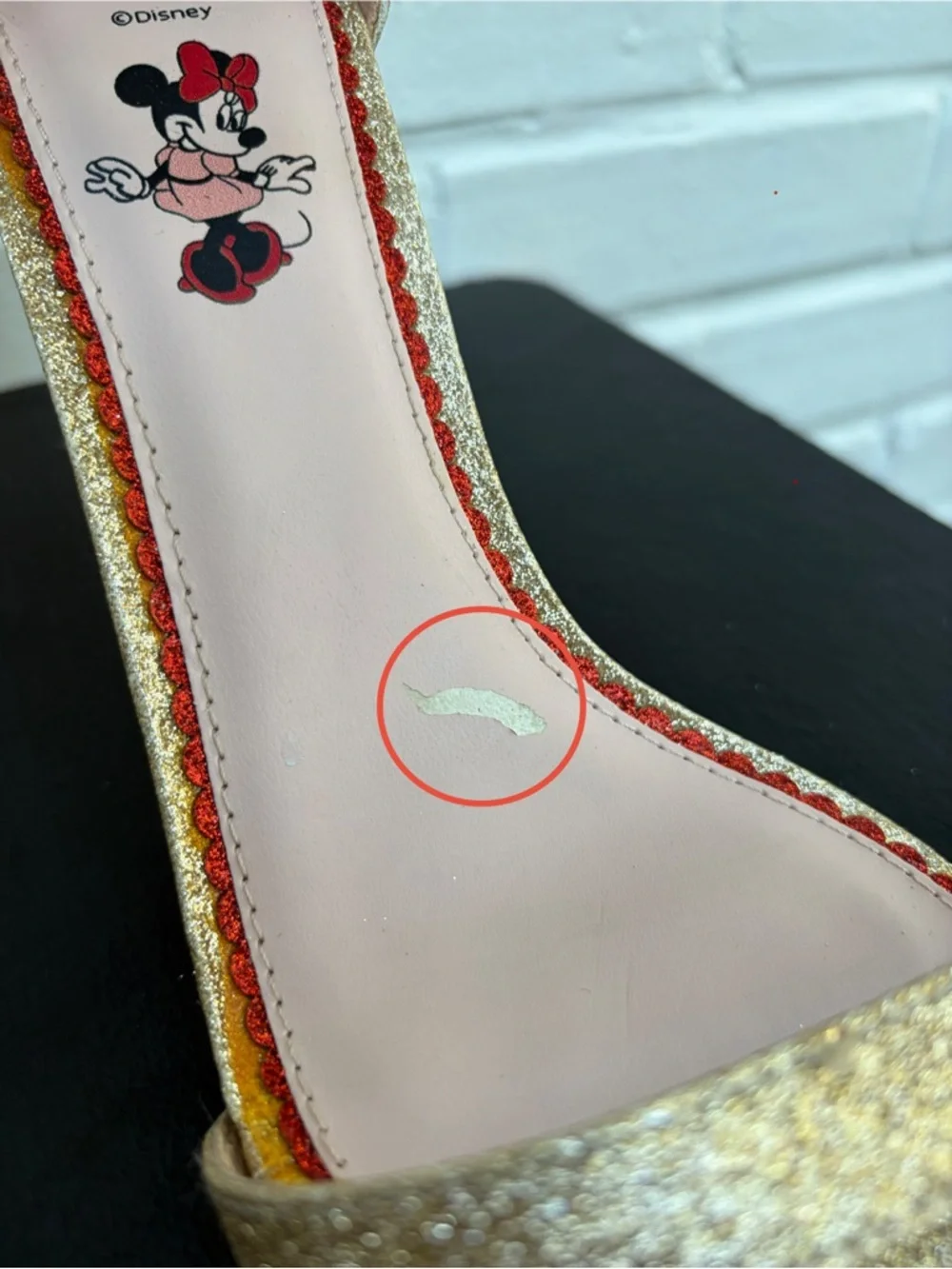 Primark x Disney Minnie Mouse Gold Glitter Bow Ankle-Strap Stiletto Heels, SZ 10